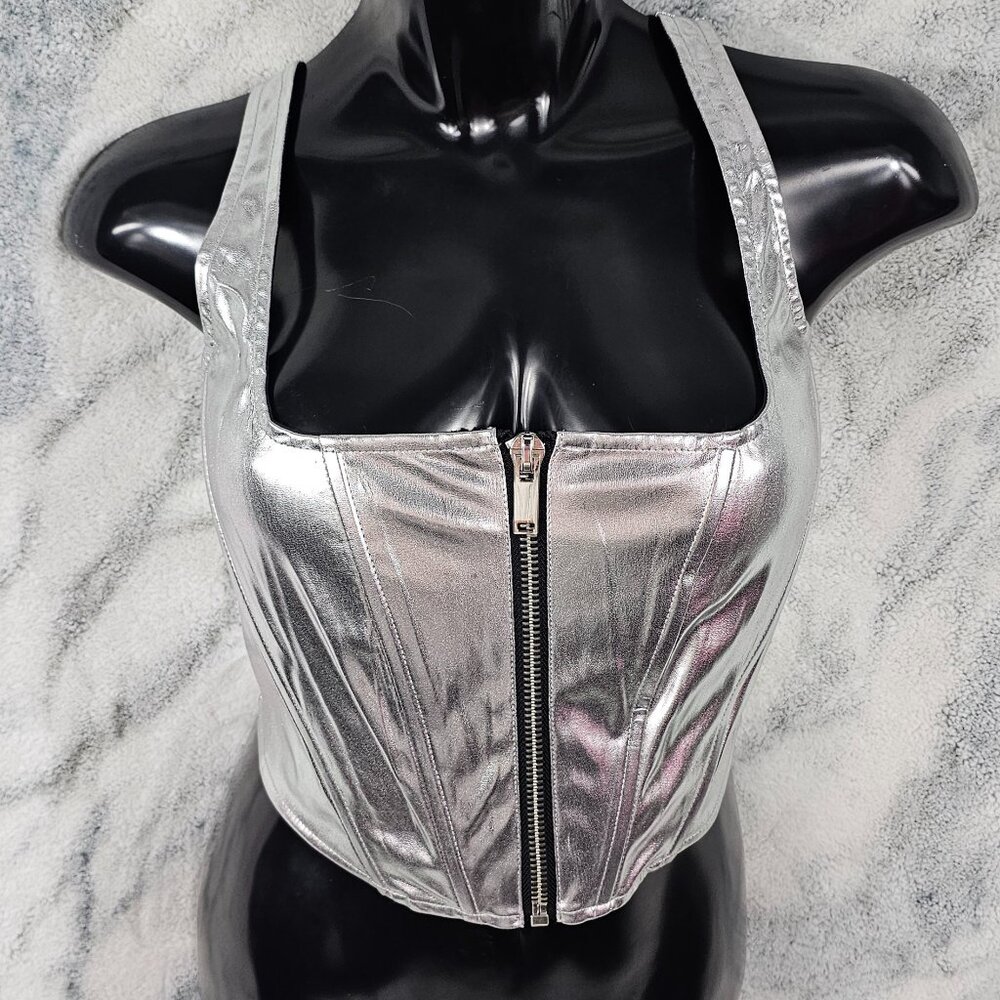 Dolls Kill Poster Grl XXL Chrome Silver Zip Up Cropped Corset Top Square Neck